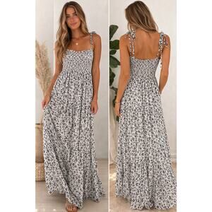 Blue Life Black White Smocked Floral Tiered Maxi Dress Tie Strap Boho M/L